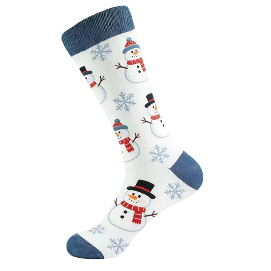A single white crew sock with a blue ribbed cuff, heel, and toe, decorated with a repeating pattern of snowmen and light blue snowflakes.
